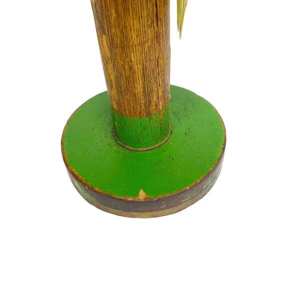 large vintage wooden green SPOOL hat holder brown feathers 11" tall - Picture 9 of 11